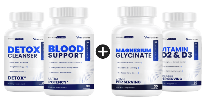 4-bottle Vita Naturals package showing two Blood Support bottles plus Magnesium Glycinate and Vitamin D2 & D3