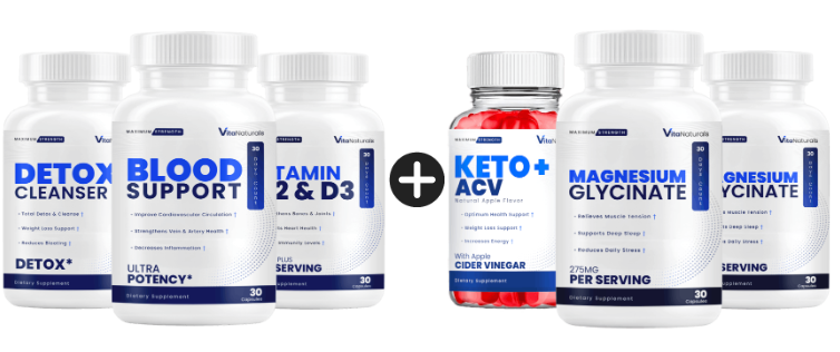 6-bottle Vita Naturals package showing Blood Support, Detox Cleanser, Vitamin D2 & D3, Keto + ACV and two Magnesium Glycinate bottles